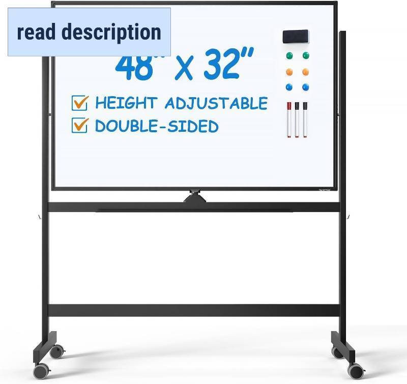 lot 341962 image: Retails for $110 TSJ OFFICE Large Rolling Whiteboard - Dry Erase Magnetic 48 x 32 Inches White Board Height Adjust Double Sides Mobile Portable Easel on Wheels, Dry Erase Board with Stand for Office, Home & Classroom