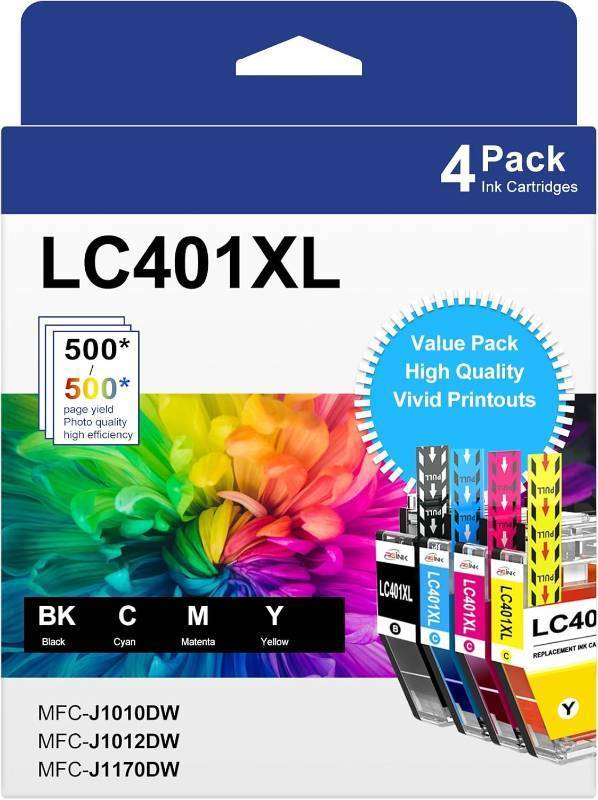 lot 251424 image: LC401XL Ink Cartridges for Brother Printer Compatible for LC401 Replacement for Brother LC401 Ink Cartridges LC401XL High Yield to use with MFC-J1010DW MFC-J1012DW MFC-J1170DW Printer (4 Pack, XL)