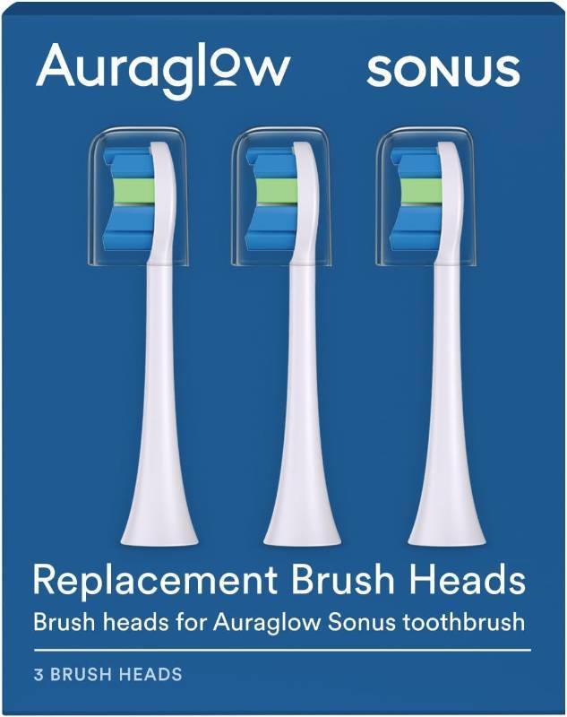 lot 251440 image: Auraglow Sonus Electric Toothbrush Replacement Brush Heads with Cover Cap, 3 Count, White