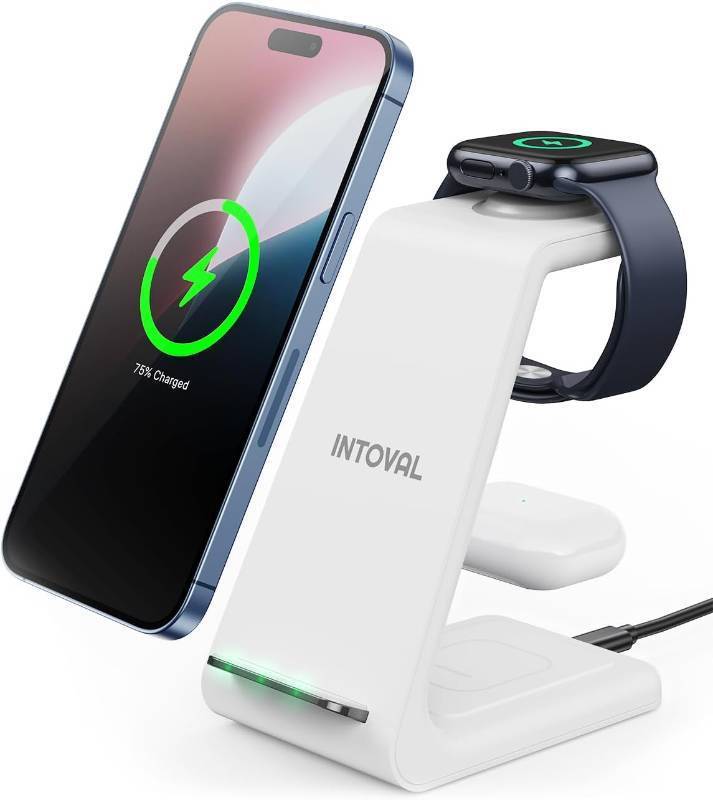 lot 351511 image: Intoval 3 in 1 Wireless Charging Station for iPhone and Apple Watch,Fast Wireless Charger Stand,Compact Desk Charging Dock for iPhone17 16 15 14 13ProMax, iWatch11 10 9 UltraSE 34,AirPods