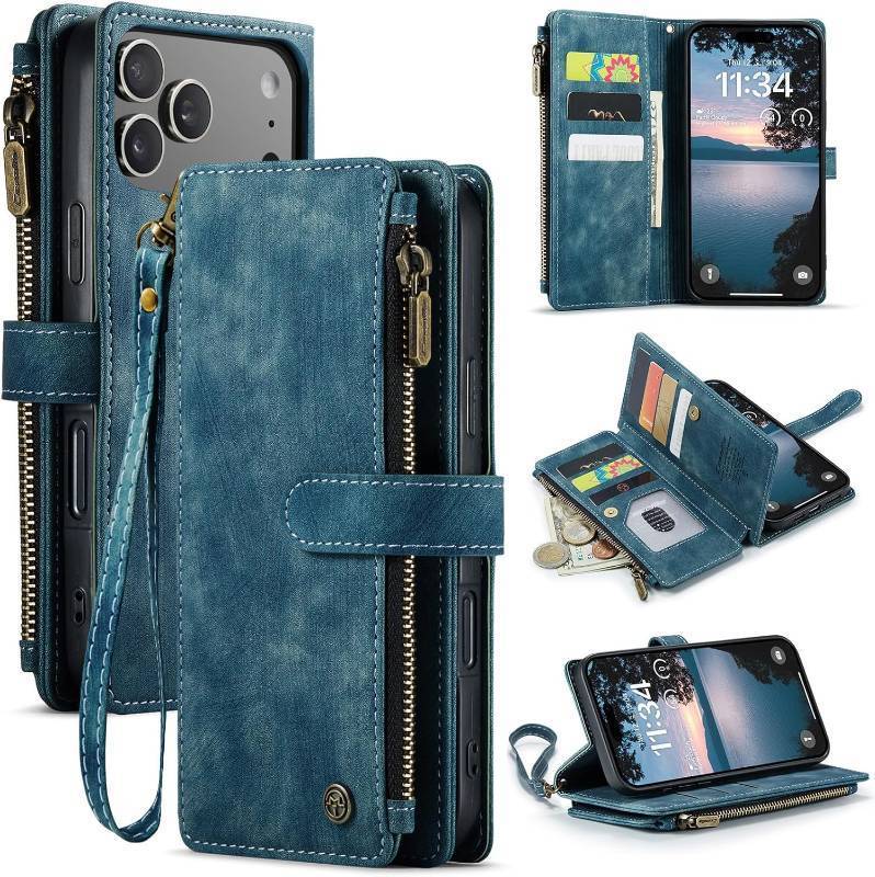 lot 351525 image: CaseMe Wallet Case for iPhone 17 Pro Max, Multifunction Handmade Leather Zipper Flip Shockproof Case Built-in Magnetic Closure Kickstand Card Slots Wrist Strap for iPhone 17 Pro Max (Blue)