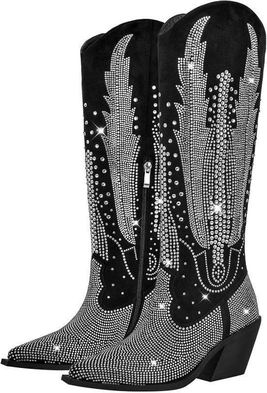 lot 351539 image: Knee High Cowboy Boots for Women Cowgirl Western Boots Rhinestone Bling Pointed Toe Chunky Heel Pull On Fashion Shoes Tall Black Boot (Size 6.5)