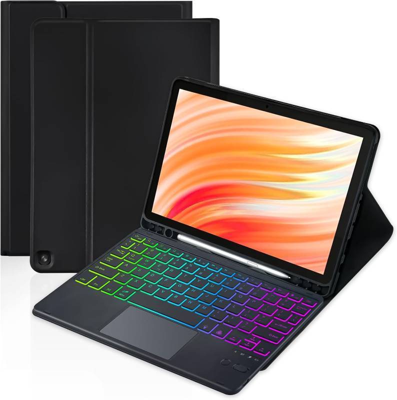 lot 351549 image: Trackpad Keyboard Case for Amazon Fire HD 1010 Plus 10.1 inch 20212023(1113th Generation),7-Color Backlight Rechargeable Keyboard with Kids Multi-Angle Cover for Tablet (Black)