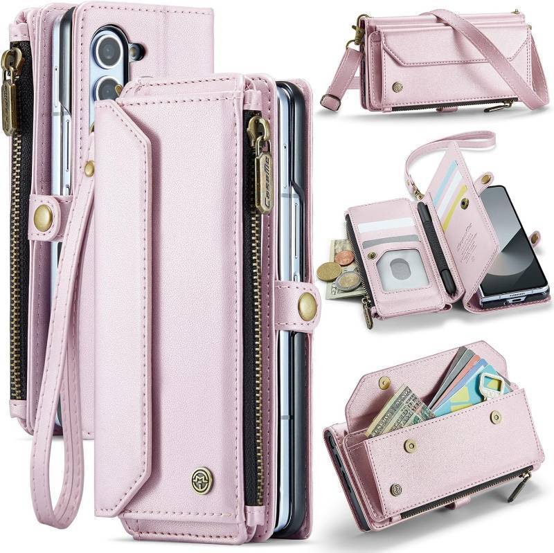 lot 351564 image: Dteck for Samsung Galaxy Z Fold 6 Flip Wallet Case with ShoulderWrist Strap, Built-in Elastic Pen Holder, Card Slots, Pocket, Button Closure, Stand Function, PU Leather Protective Folio Cover, Pink
