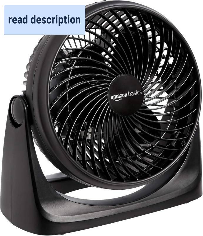 lot 261378 image: Amazon Basics Air Circulator Fan, Desk Fan for Bedroom, Home and Office, With 90-Degree Tilt Head, 3 Speed Settings, Lightweight (3 LBS), 35 Watts, Black, 11.1W x 6.3D x 10.9H