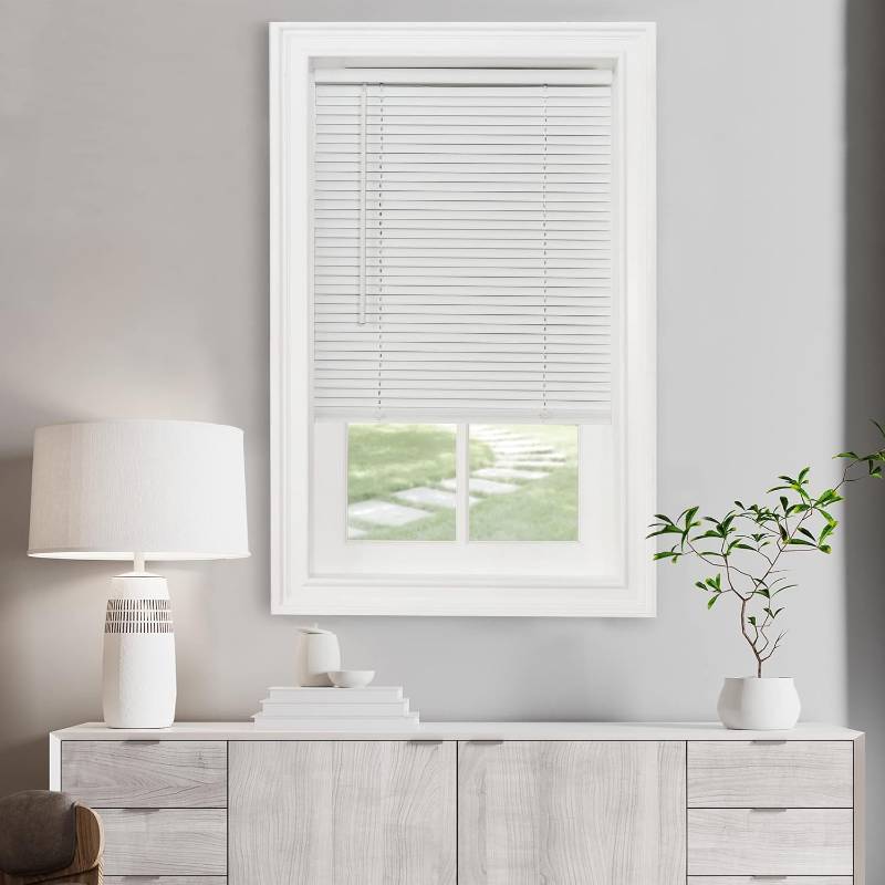 lot 261402 image: Cordless Light Filtering Mini Blind - 34 Inch Width, 72 Inch Length, 1 Slat Size - Light Grey - Cordless GII Morningstar Horizontal Windows Blinds for Interior by Achim Home Decor