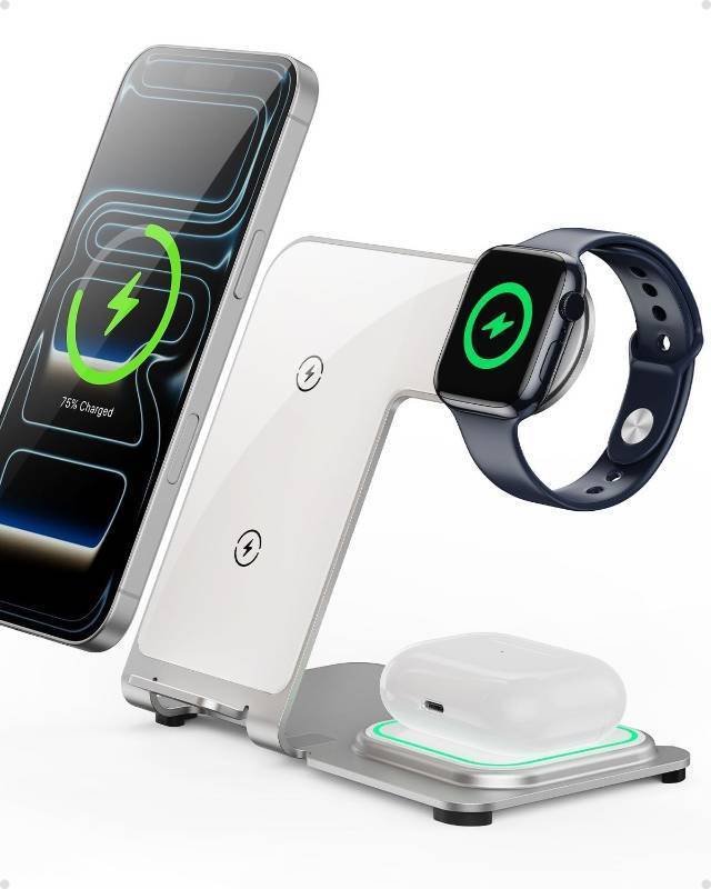 lot 361295 image: Intoval 3 in 1 Wireless Charger for iPhone 171615141312,Wireless Charging Station for Apple Devices, Aluminum Charging Stand for iWatch 11 10 9 Ultra 32 SE 32,for AirPods 4 3 2 Pro 32