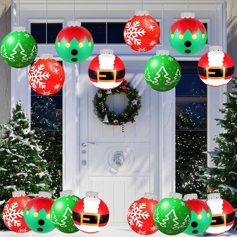 lot 361304 image: 9 Inch Large Inflatable Christmas Balls Outdoor, Blow up Christmas Ornaments Balls with Holiday-Themed Patterns, Decorations for Front Porch, Tree, Yard (16 Pcs)
