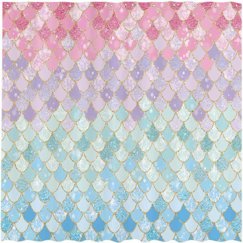 lot 361345 image: Allenjoy 72x72 Mermaid Scales Shower Curtain for Bathroom Ocean Under The Sea Pink and Blue Girl Home Bath Decors Durable Waterproof Fabric (NO Glitter) Machine Washable