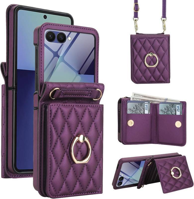 lot 461140 image: for Samsung Galaxy Z Flip 7 Wallet Case - Crossbody Purse Cover with Lanyard, Ring, Card Holder, Screen Protector & Kickstand (Dark Purple)
