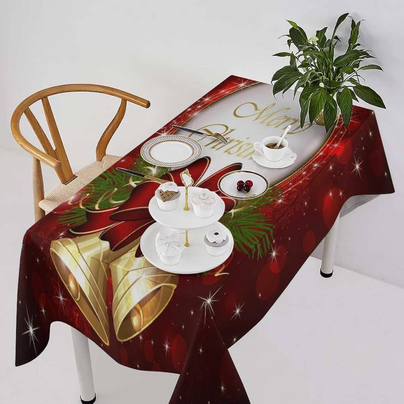 lot 461154 image: Christmas Decoration Rectangle Tablecloth 60x110 Inches, Christmas Bells Fir Tree Printing, Family Gathering Holiday Restaurant Waterproof Wrinkle Tablecloths
