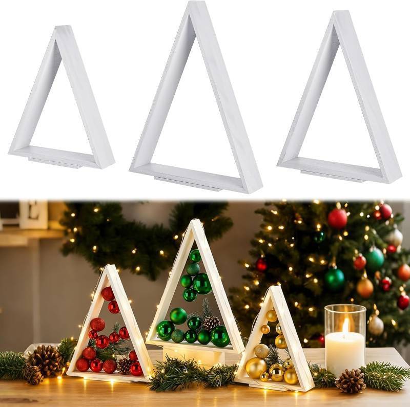lot 461164 image: 3 Pcs Wooden Christmas Tree for Crafts Table Decoration with LED Light Xmas Tabletop Display Centerpiece White Modern Tee Sign DIY Craft for Home Fireplace Mantle Bookshelf Tiered Tray Decor