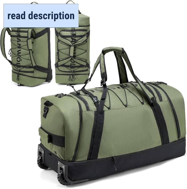 lot 461169 image: Fanwoli 92L 120L Large Rolling Duffle Bag with Shoes Compartment, 30  Expandable & Foldable Heavy Duty Water Resistant Travel Backpack, Convertible Foldable Duffel for Gym Camping Weekender