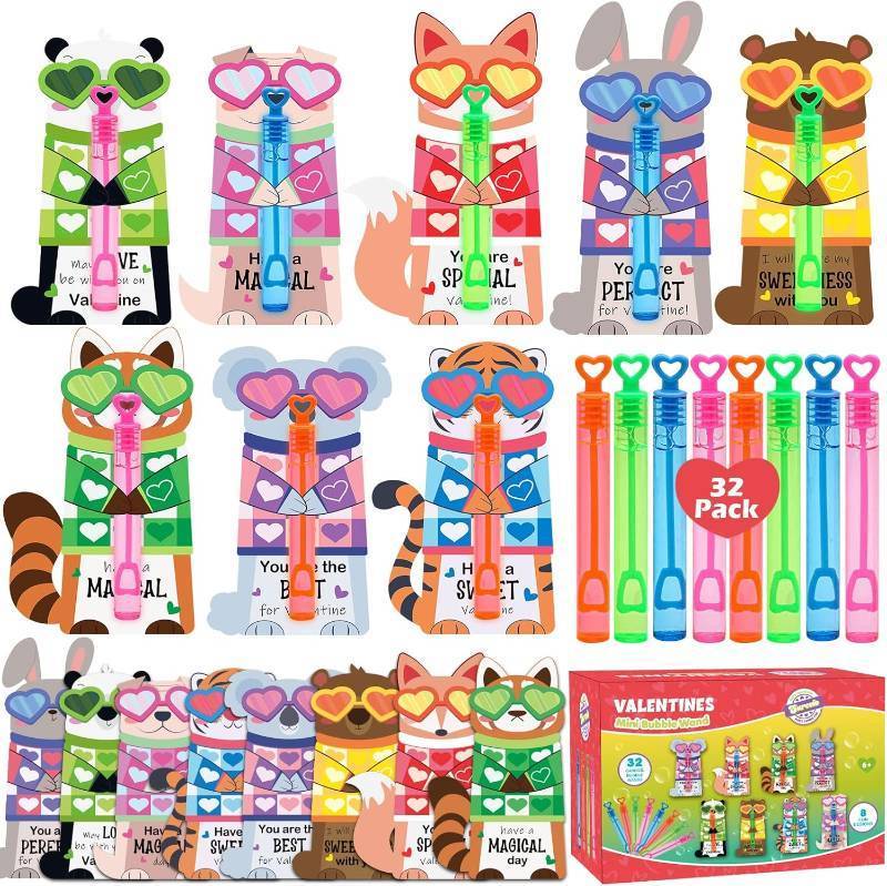 lot 461192 image: Valentines Day Gifts for Kids, 32 Pack Mini Bubble Wands with Valentines Animal Themes Greeting Cards for Kids, Valentines Day School Prize Party Favor, Classroom Exchange Gift Set
