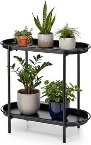 lot 161324 image: Large Metal 2-Tier Plant Stand   Sleek Black IndoorOutdoor Flower Pot Shelf with Oval Trays, Space-Saving Modern Storage Rack for Plants, Decor, or Small Furniture Accent