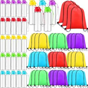 lot 161361 image: 60 Pieces 17 oz Plastic Water Bottles Bulk and Drawstring Backpack Set 30 Reusable Plastic Biking Water Bottle 30 Sport Gym Goodie Gift Bag for Summer School Gym Travel