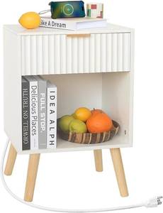 lot 161367 image: Fultyle White Nightstand with Charging Station, Mid Century Modern Bedside Table with Drawers and Outlet,Side Tables Living Room, Wooden Night Stand for Bedroom, Office (White)