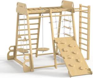 lot 241950 image: Retails for $200 BlueWood Upgraded Indoor Jungle Gym 9-in-1 Playground Kids Climbing Toys, Waldorf Style Wooden Climber Playset with Slide, Swing, Monkey Bars, UprightRope Ladder, Climb Net, Natural Wood