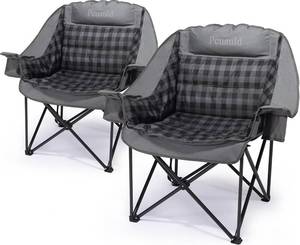 lot 331029 image: Retails for $120 Camping Chairs for Adults 2 Pack Heavy Duty Padded Folding XL Camp Chair with Cup Holder, Supports 500lbs, Oversized Large Outdoor Widen Comfy Lawn Chairs for Tailgating Sports Beach