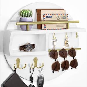 lot 18338 image: kuaima Key Holder Wall Mount, Round Wooden Key Rack with Shelf, Sunglasses Hanger, Storage Box, Multi Hooks, 12 Inch, White and Gold - Retail $18