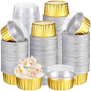 lot 18353 image: Gejoy 400 Pcs Aluminum Foil Baking Cups with Lids 5 oz Disposable Ramekins Mini Cake Pans Creme Brulee Cupcake Liners Muffin Tins Flan Mold Dessert Container for Wedding(Gold,Classic) - Retail $45