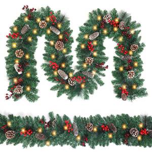 lot 18354 image: 9FT Christmas Garland��Battery Operated Lighted Garland with Pine Cones Red Berries Lush Branches��50 LED Lights 8 Modes��Christmas Decorations - Retail $34