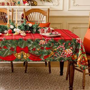 lot 18364 image: Softalker Christmas Rectangle Tablecloth - Red Tartan Checkered Printed Xmas Bell Candy Table Cloths, Washable Polyester Fabric Table Covers for Dining, Parties & Holiday Decor, 60 x 144 Inch