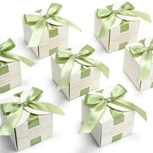 lot 18366 image: Marspark 50 Pcs Wedding Favor Boxes, 2.5 x 2.5 x 2.5 Inch Wedding Party Candy Boxes with Green Ribbons Bridal Gift for Guests Bridal Shower Birthday Party Anniversary Supplies - Retail $22