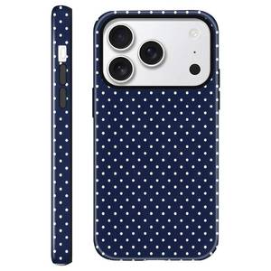 lot 18388 image: Aleviker Case for iPhone 17 Pro, Glossy Hybrid 2-Layer Hard Shell, Aesthetic Scratch Resistant Cover, Navy Blue Polka Dot - Retail $15