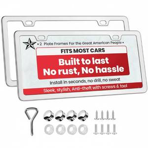 lot 18403 image: 2 Pack Sliver Stainless Steel License Plate Frames with 2 Holes, Polish Mirror License Plate Holder, Rust-Proof, Includes Chrome Screw Accessories, Universal Car License Plate Cover for Man and Women - Retail $6