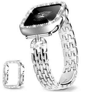 lot 18406 image: JR.DM Slim Bracelet with Bling Case Compatible with Apple Watch Bands 40mm  Cover for Women, Dressy D-Shaped Stainless Steel Replacement Strap for iWatch Series 654SE Silver - Retail $18