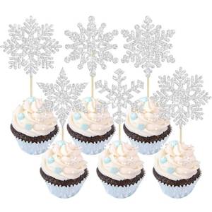 lot 18409 image: Gyufise 36 Pack Snowflake Cupcake Toppers Silver Glitter Winter Frozen Theme Cupcake Picks Baby Shower Kids Birthday Party Christmas Cake Decorations Supplies - Retail $7
