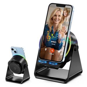 lot 18416 image: Dohelly Wireless Induction Speaker, Phone Stand with Bluetooth Speaker Amplifier, Stereo Sound, RGB Ambient Light, 360° Adjustable Phone Holder Compatible with iPhoneiPadAndroidSamsung Galaxy-Black - Retail $25