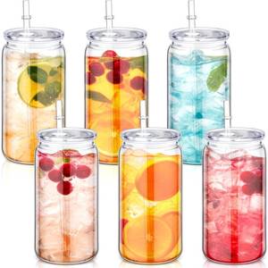 lot 18435 image: Blushtier 6 Pack Acrylic Mason Jars with Lids and Straws 16 oz Drinking Plastic Tumbler with Straw Iced Coffee Cups Water Bottles Mugs for Wedding Party Favor Water Milk Beer Juice Beverage (Clear) - Retail $29