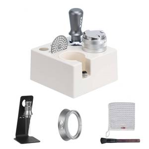 lot 18436 image: IKAPE 51mm Espresso Tamper Kit Silver 8 IN 1, Coffee Tamper Set comprising a Tamper, Distributor, Magnetic Dosing Funnel, Puck Screen, Station, WDT Tool, along with a Cleaning Towel and Brush