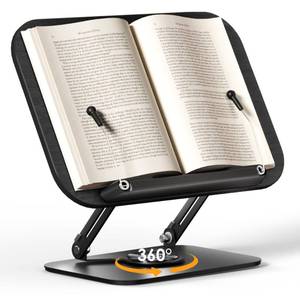 lot 18480 image: SupeDesk Book Stand for Reading, Adjustable Book Holder with 360° Rotating Bases, Foldable Designs, and Elastic Clips, Multifunctional Display Stand for Recipe, Cookbooks, Magazines, Tablets (Black) - Retail $28