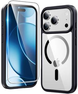 lot 18486 image: FNTCASE for iPhone 17 Pro-Max Case Clear Magnetic Phone Cases with Screen Protector Compatible with Magsafe Slim Anti Yellowing Rugged Shockproof Protective Transparent Cell Cover (B-Black) - Retail $10