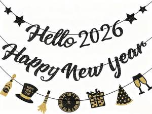 lot 18487 image: IMISHM Glitter Black New Years Decorations New Years Party Decorations 2026 Pre Strung New Year - Retail $8