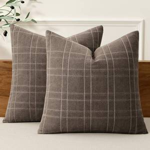 lot 18493 image: MIULEE Decorative Linen Check Throw Pillow Covers Neutral Farmhouse Vintage Pillow Covers 18x18 Set of 2 Boho Modern Winter Home Decor for Sofa Couch Bedroom Cushion Brown - Retail $21