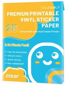 lot 18518 image: Colemoly Sticker Paper Clear Printable Vinyl for Inkjet Printer-25 Transparent Dry-Quick Sheets of 8.5����x11���� Decals and Labels Self-Adhesive Non-Waterproof Papers Tear Resistance Bright Color for DIY - Retail $7