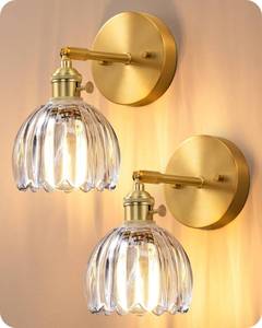 lot 18527 image: EDISHINE Hardwired Vintage Wall Sconces Set of Two, Brass Gold Wall Lamp with Transparent Tulip Glass Lampshade 180° Adjustable, Modern Wall Lighting Fixtures with Switch for Bathroom Bedroom Hallway - Retail $60