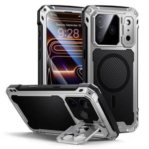 lot 18559 image: Lanhiem for iPhone 17 Pro Max Metal Case with Kickstand, Compatible with MagSafe, Built in Tempered Glass Screen Protector, Heavy Duty Shockproof Rugged Full Body Tough Phone Cover 6.9 (Silver) - Retail $28