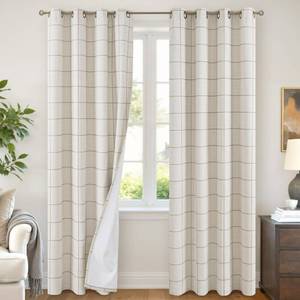 lot 18563 image: Lajode Brown Linen Blackout Curtains for Living Room - Boho Plaid Pattern Thermal Insulated Grommet Cottage Core Window Treatments Rustic Drapes for Farmhouse, 52x84 Inch 2 Panels - Retail $55