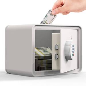 lot 18564 image: Kids Mini Safe Small Cash Box �� GoldenKey White Macaron 7��x9.4��x6.3�� Money Security Safe with Coin & Bill Slot, Keypad & Key Lock, USB Backup, DIY Stickers, Piggy Bank for Home - Retail $33