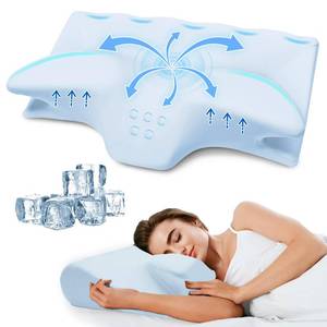 lot 18571 image: Cervical Neck Pillow for Pain Relief,Ergonomic Contour Memory Foam Pillows for Sleeping,Cooling odorless Neck Support Pillow for Side Back Stomach Sleeper,with Washable Pillowcase,Blue - Retail $20