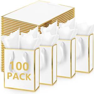 lot 18573 image: Yeaqee 100 Pack Metallic Gift Bags with Handle and Tissue Paper Gold Foil Thank You Bag for Graduation Wedding Groomsmen Bridal Baby Shower Gifts Holiday Party Favors 9x7x3.15 (White) - Retail $63