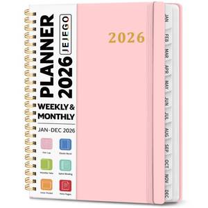 lot 18593 image: (White Out on Two Pages)2026 Planner, Weekly and Monthly Calendar Planner Book, January 2026 - December 2026, Hardcover Spiral Planner with Monthly Tabs, Notes Pages, Perfect for Women & Men, A5 (6.4 x 8.5) - Pink - Retail $9