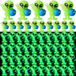 lot 18609 image: CroBlissful 25 Pcs Glow in The Dark Alien Figurines, Mini Green Statues, PVC Glowing Toys for Easter Egg Stuffers, Party Favors, Cake Toppers, Space Themed Gifts - Retail $6