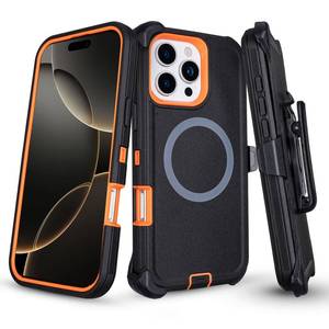 lot 18612 image: for iPhone 16 Pro Max Case with Belt Clip Holster, Compatible with MagSafe Heavy Duty Military Grade Protection, 3-Layer Rugged Shockproof for iPhone 16 Pro Max Case with Kickstand (BlackOrange) - Retail $14