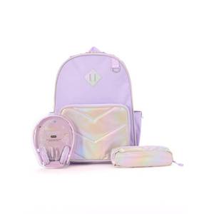 lot 18 image: Locker Club Kids 16L Nylon Holographic Backpack with Headphone Pencil Pouch - Lavender - Retail $35